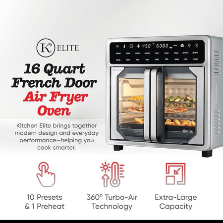 16 Quart French Door Air Fryer Oven Family Size Countertop Convection Cooker with LED Display Stainless Steel for Large Batch C
