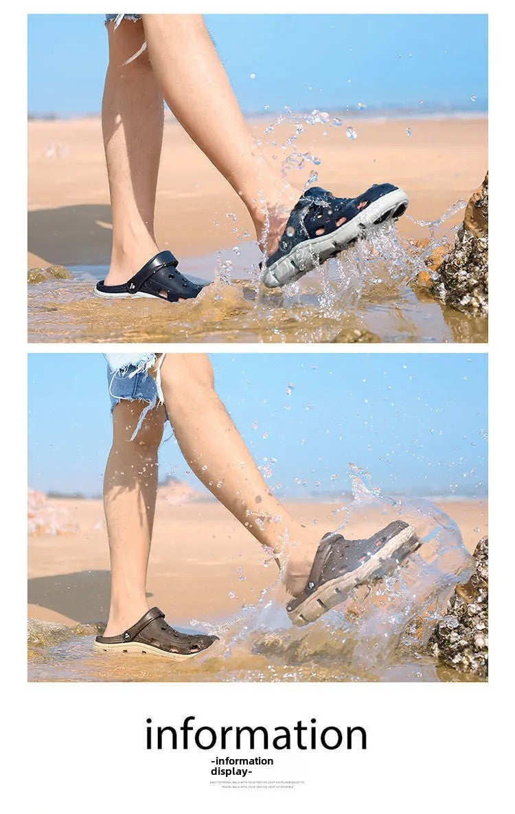 2024 Summer Plus Size Hollow Out Sandals Men's Breathable Slippers Trendy Thick Base Slip-On Beach Shoes Men's Footwear