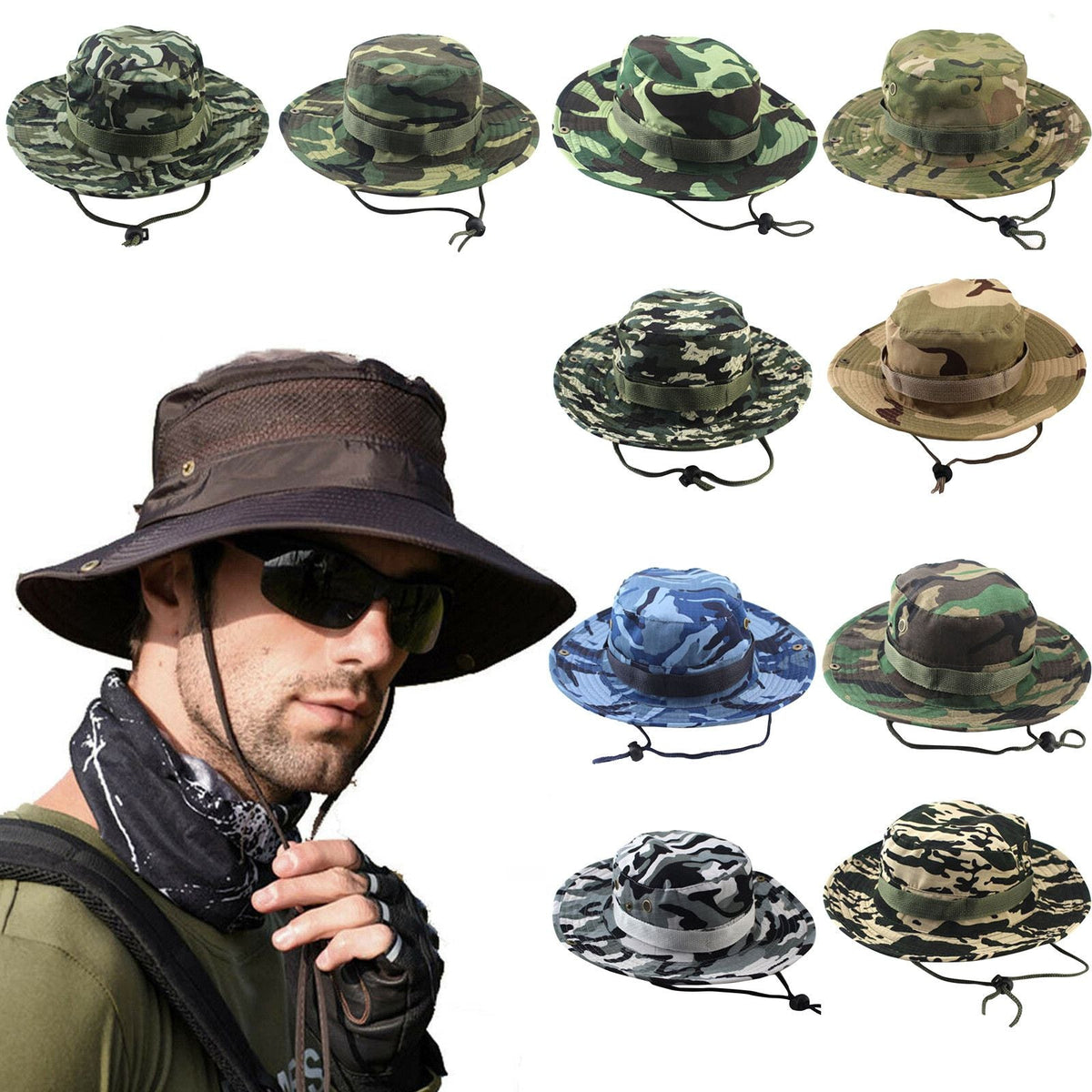Fashion Men And Women Outdoor Camping Sport Travel Camouflage Fisherman Sunscreen Hat Foldable Wide Brim Soft Hat