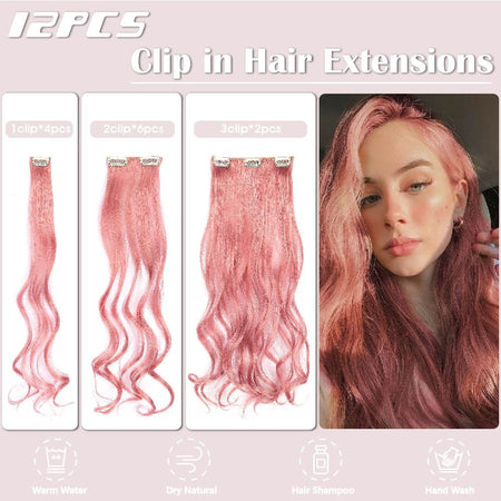Pink Hair Extensions 12Pcs Clip in Hair Extensions 22 Inches Long Curly Hair Extensions Clip ins Soft Synthetic Hair Extensions