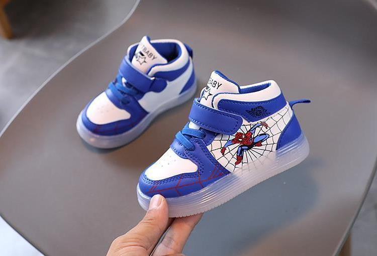 Disney Children's Sneakers Boys Girls Spiderman Led Light Sport Shoes Student Shoes Hook Anti-slip Kids Outdoor Basket Shoes