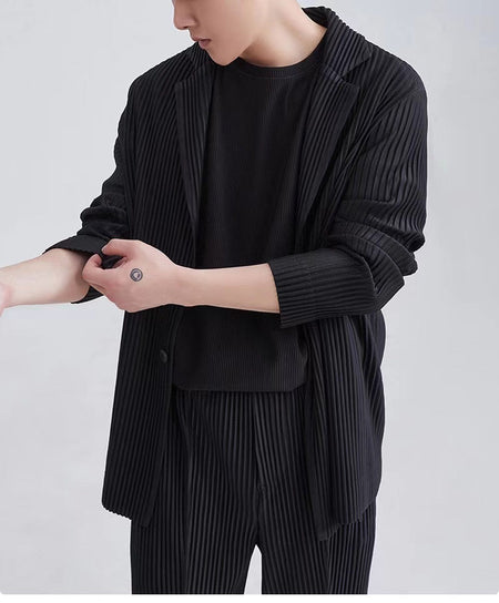 Miyake New 2025 Spring Suit Long Sleeve Pleated Pleated Men's Jacket Lapel Pleated Solid Color Fashion Loose Plisse Casual Top