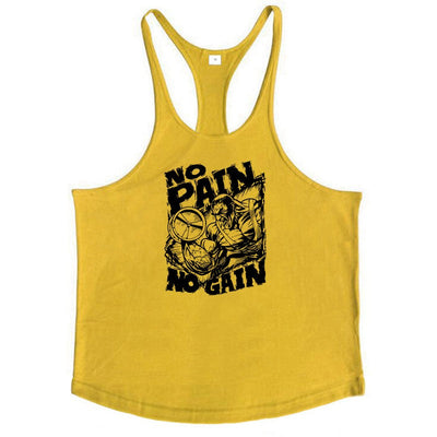 NO PAIN NO GAIN Print Gym Fitness T-Shirt Mens Bodybuilding Sport Sleeveless Vests Cotton Breathable Y-back Suspenders Tank Tops