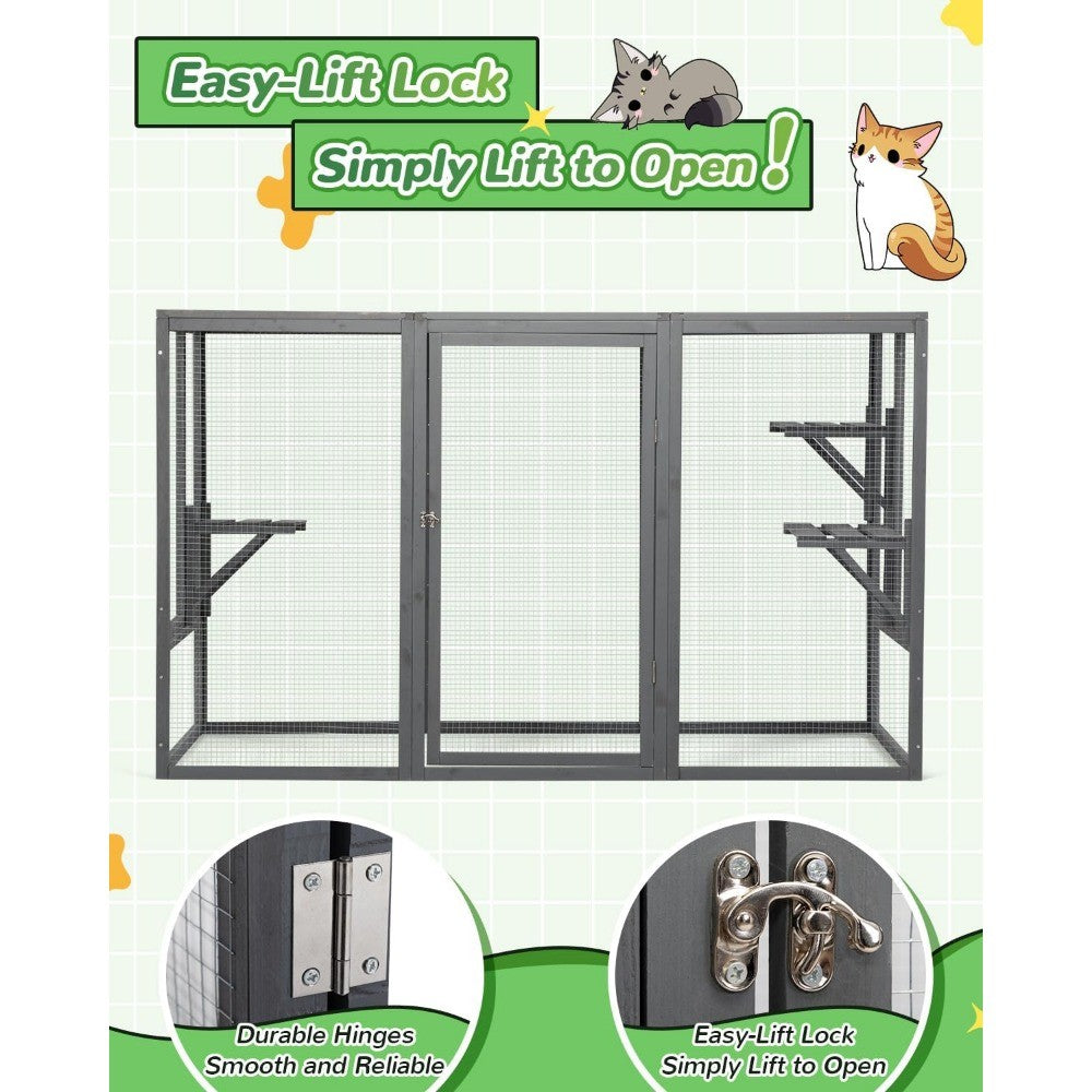 Weatherproof Outdoor Cat Enclosure, Large Wooden Catios with 3 Platforms, Patio Cat Houses for Cats, 71L Enclosed Space