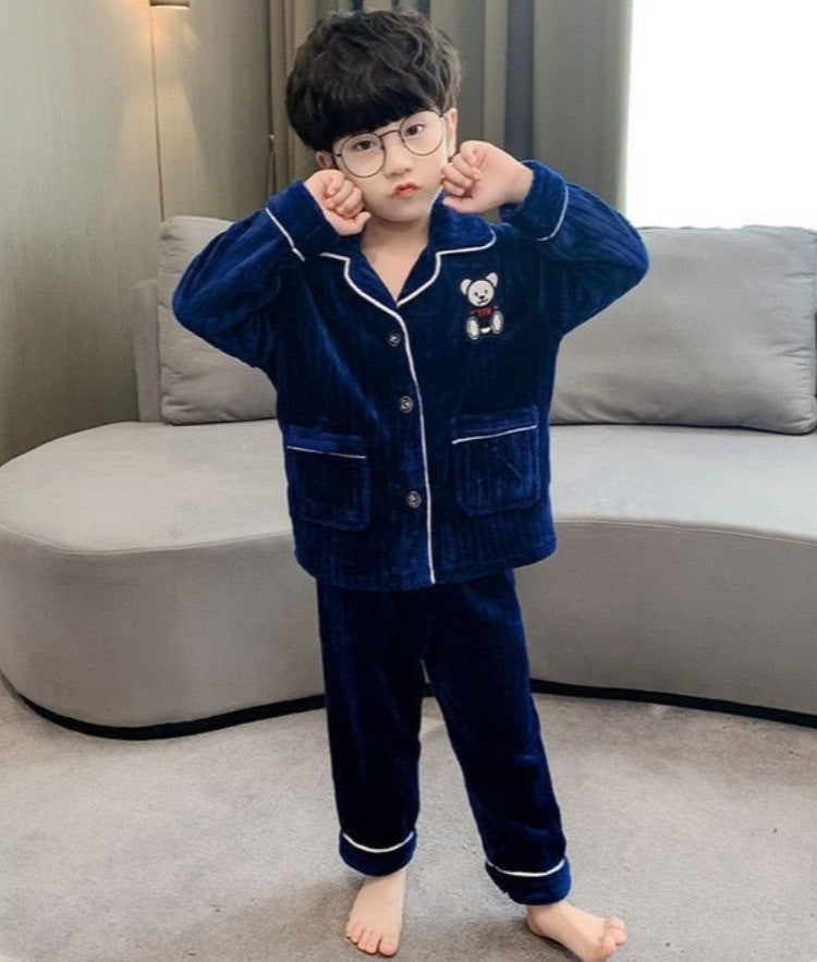 Boys Autumn Winter Thickened Flannel Coral Fleece Pajama Set Warm Kids Sleepwear Homewear