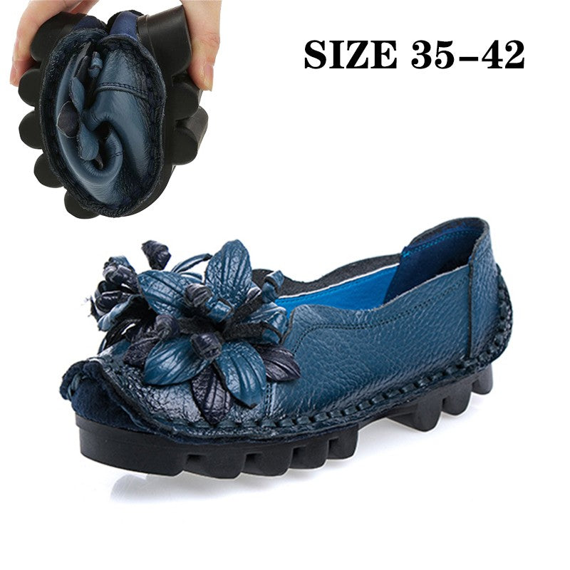 Vintage Plain Oxfords Shoes Women's Genuine Leather Flats Ladies Laced Up Moccasins Elderly Woman Square Toe Driving Loaferss
