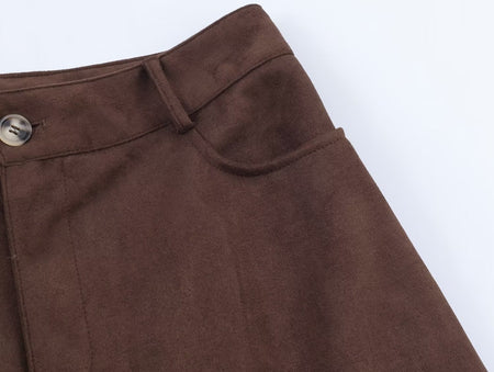 Die-Cut Hem Faux Suede Wide Leg Pants For Women Vintage Brown High Waist With Pockets Casual Loose Trousers