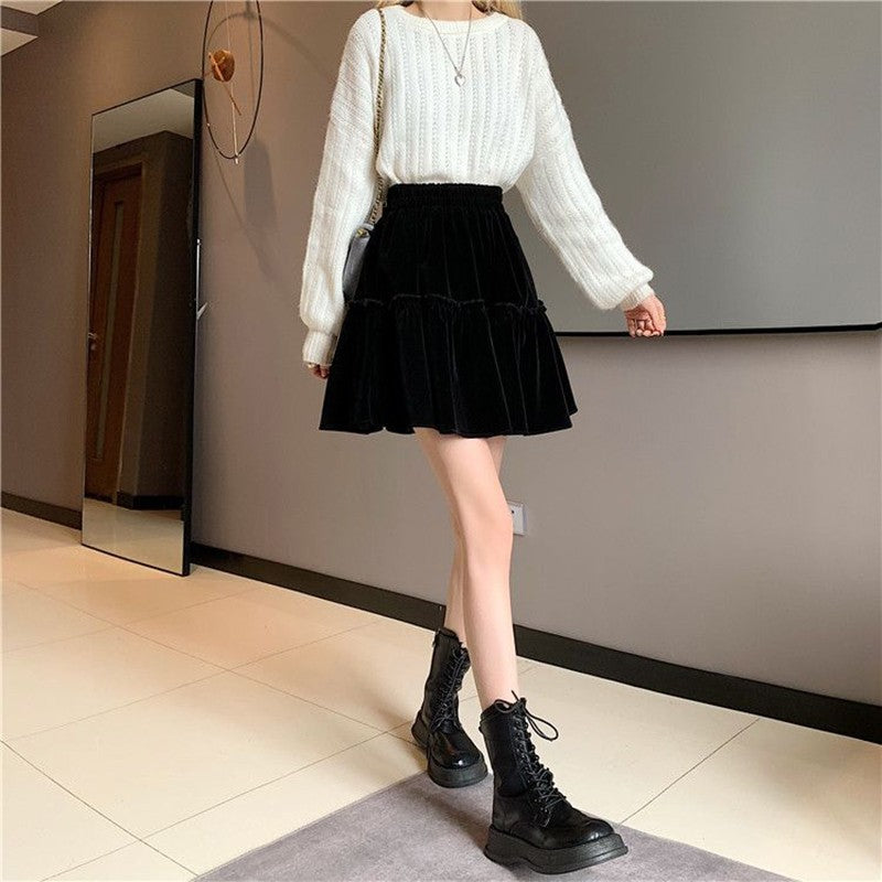 Black Velvet Patchwork Mini Skirt Women Sweet Solid A Line High Waist Skirt Fashion Pretty Style Pleated Summer Student Skirt