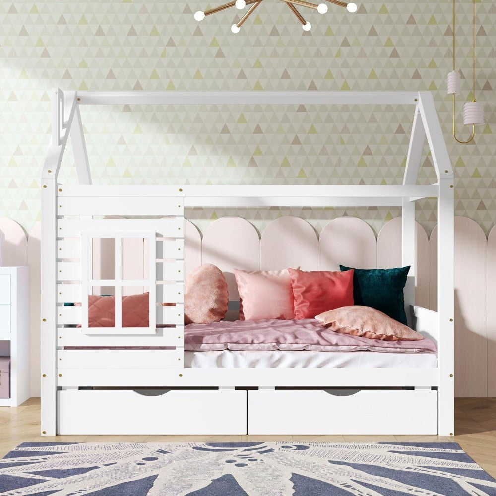 Aoowow Twin Size Kids House Bed with 2 Drawers, Wooden Twin Bed Frame with Window and Roof for Bedroom, Modern Twin Size Kid Pla