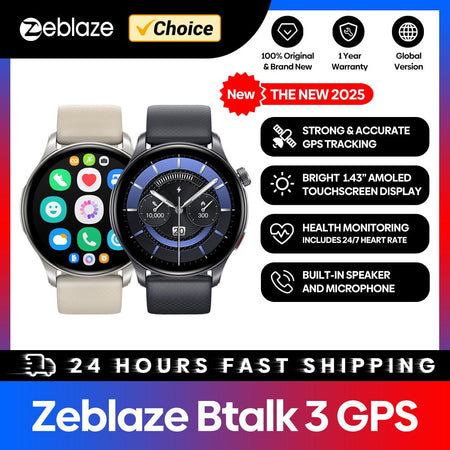 New Zeblaze Btalk 3 GPS Smartwatch 1.43" AMOLED Screen Dual Straps Make/Answer Phone Calls Heart Rate SpO2 Stress Tracking Watch