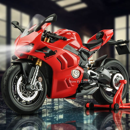1:9 Scale 1299 V4S Miniature Motorbike Toy Models Alloy Diecast Sound Light Shock Absorption Ornament Motorcycles for Kids Gifts