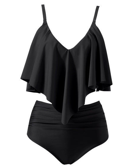 Women Tankini Ruffle High Waisted Swimsuits Tummy Control Bathing Suits Swimwear Beachwear Padded XXL Size Bikini Set Female