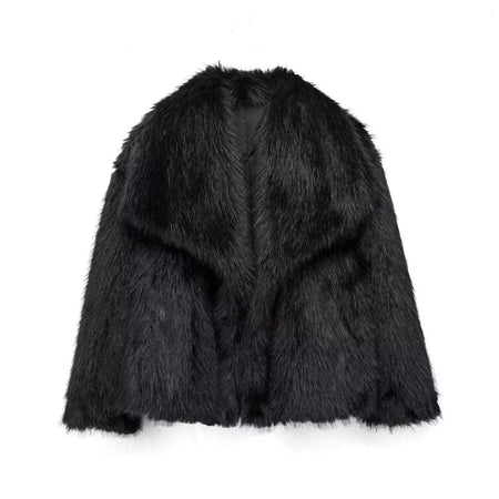 HH 2025 Vintage Women Cropped Faux Fur Jacket Long Sleeve Turn-Down Collar Female Plush Wool Coats Chic Lady Fur Outerwear