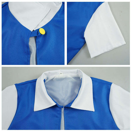 Men's Anime Trainer Cosplay Costume, Adult Ash Ketchum Outfit with Blue Jacket, Cap and Gloves, Unisex Halloween Party Disfraz