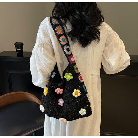 Women's Boho Crochet Bag Designer Flowers Knitted Handbags Large Capacity Summer Beach Woven Shoulder Bag Girls Tote Shopper Bag