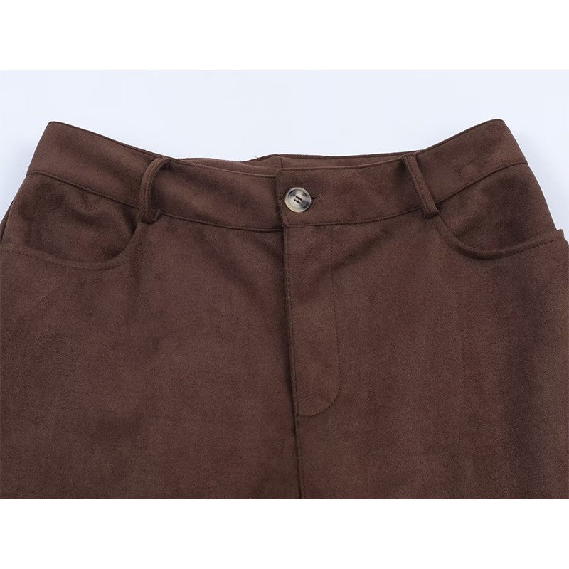 Die-Cut Hem Faux Suede Wide Leg Pants For Women Vintage Brown High Waist With Pockets Casual Loose Trousers