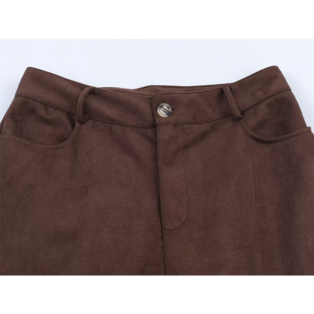 Die-Cut Hem Faux Suede Wide Leg Pants For Women Vintage Brown High Waist With Pockets Casual Loose Trousers