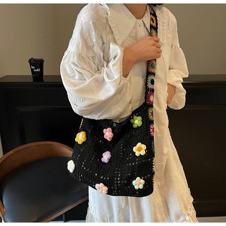Women's Boho Crochet Bag Designer Flowers Knitted Handbags Large Capacity Summer Beach Woven Shoulder Bag Girls Tote Shopper Bag