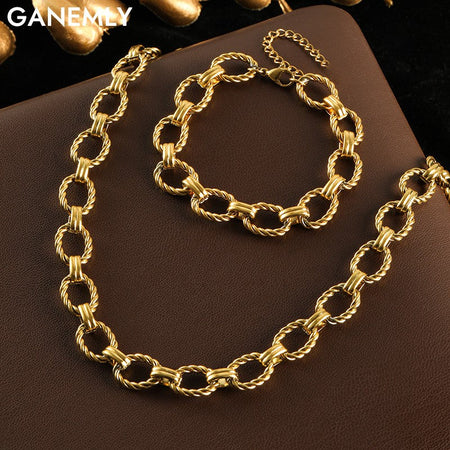 GANEMLY 316L Stainless Steel Metal Chain Necklace Bracelet Set For Women New Punk Collar Chokers Waterproof Jewelry Femme Gift