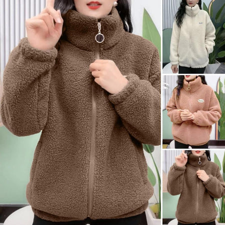 Fleece Fluffy Jacket Streetwear Harajuku Zipper Coat Woman Lightweight Jacket Autumn Winter Plush Warm Jacket Splice Coat