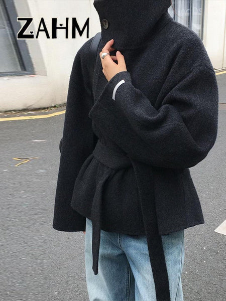 Woolen Solid Women Coat Fashion Belt Patchwork Lace Up Full Sleeve Lapel Lady Jacket 2025 Autumn Winter Female Loose Streetwear