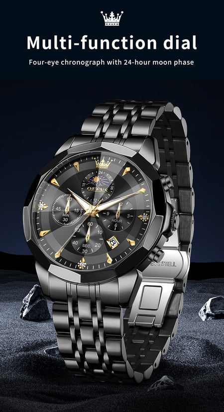 OLEVS Original Fashion Moon Phase Men's Watches Waterproof Chronograph Quartz Watch Stainless steel Calendar Brand Wristwatch