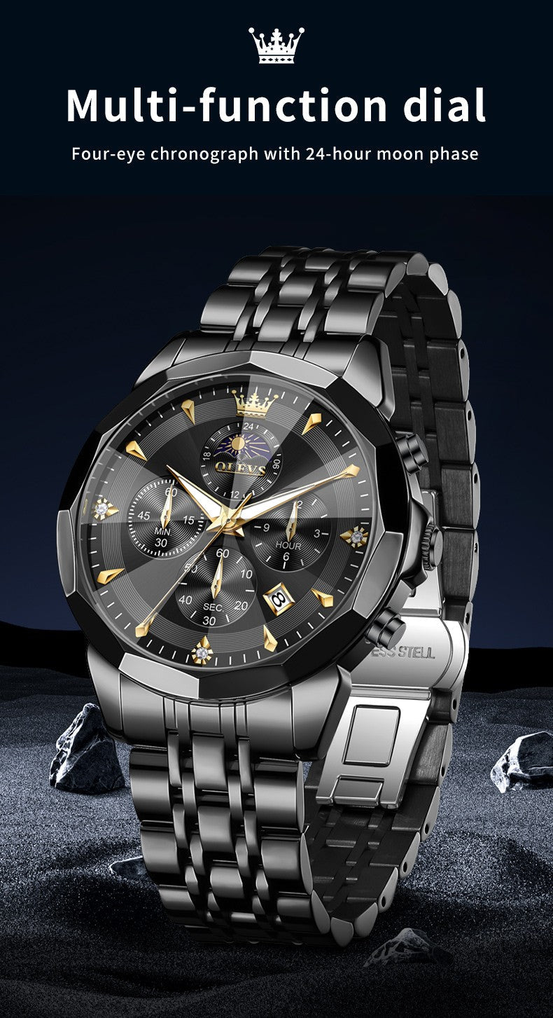OLEVS Original Fashion Moon Phase Men's Watches Waterproof Chronograph Quartz Watch Stainless steel Calendar Brand Wristwatch