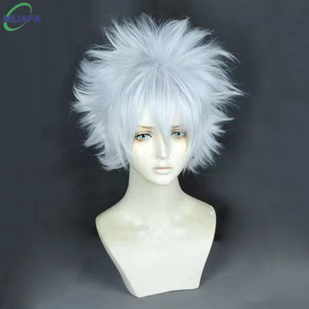 High Quality Anime Hunter Killua Zoldyck Cosplay Wig 30cm Short Silver White Heat Resistant Synthetic Hair Party Wigs + Wig Cap
