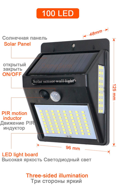 PIR Motion Sensor 100LED Sunlight control 3 sided Solar Energy Street light Yard Path Home Garden Solar Power lamp Wall Light
