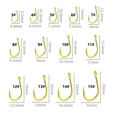 100pcs/lot High Carbon Steel 3#-12# golden Fly Fishhooks Fishing Hooks Jig Barbed Hook With Hole Pesca Fishing accessory Tackle