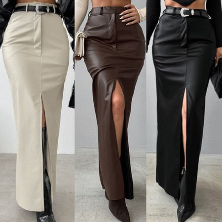 Women High Waist PU Leather Skirts Ladies Solid Slim Maxi Long Skirts