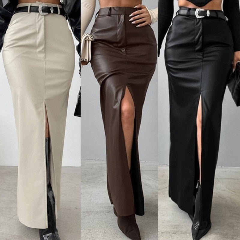 Women High Waist PU Leather Skirts Ladies Solid Slim Maxi Long Skirts