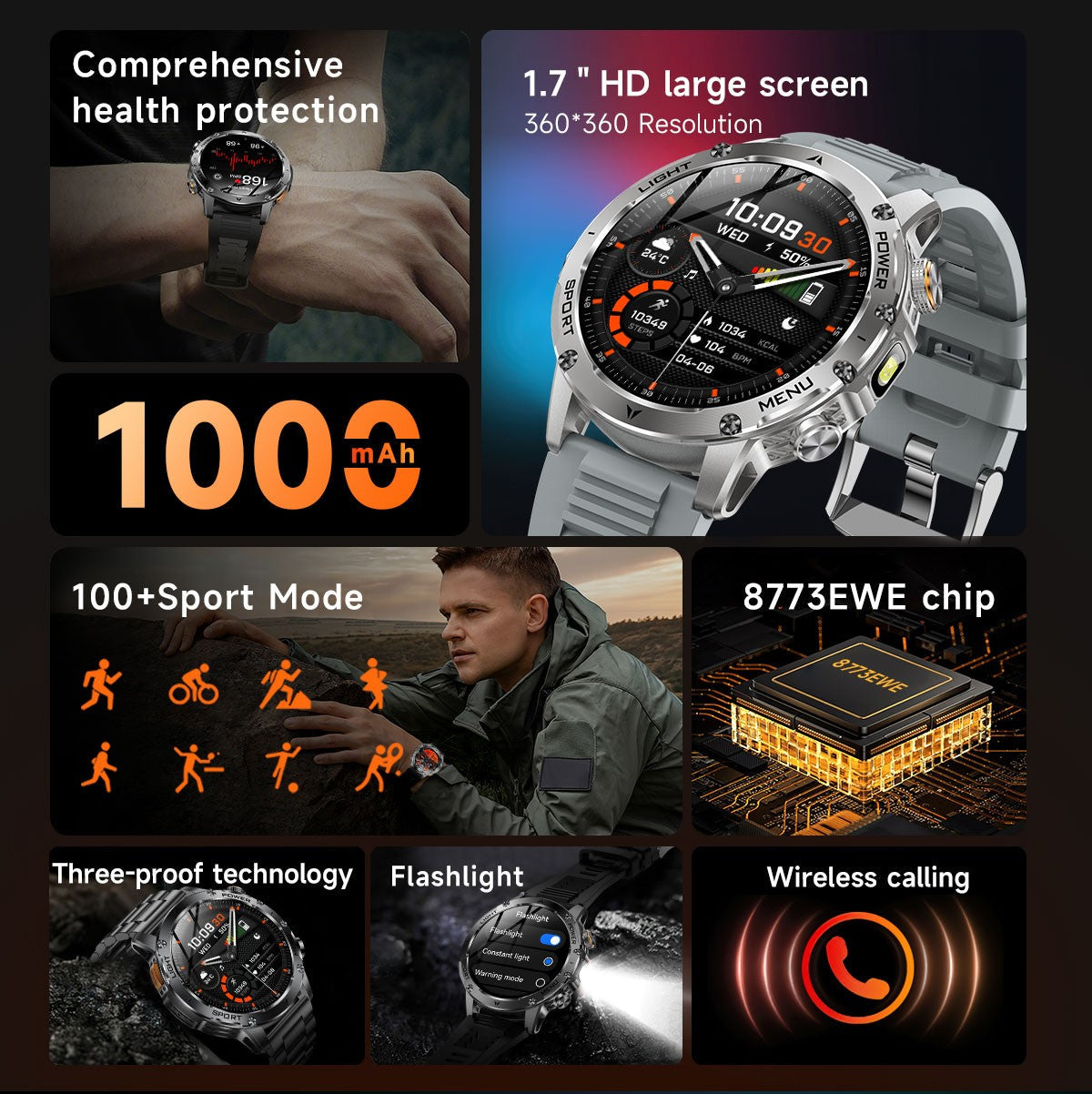 2025 New Military Smart Watch 1000Mah Battery Fitness Tracking 10ATM Waterproof Tactics Sport Flashlight call Bracelet For Men