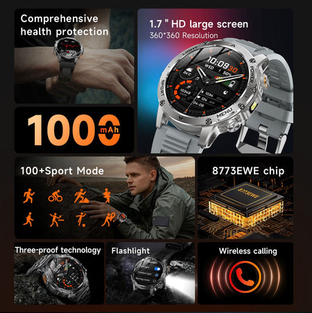 2025 New Military Smart Watch 1000Mah Battery Fitness Tracking 10ATM Waterproof Tactics Sport Flashlight call Bracelet For Men
