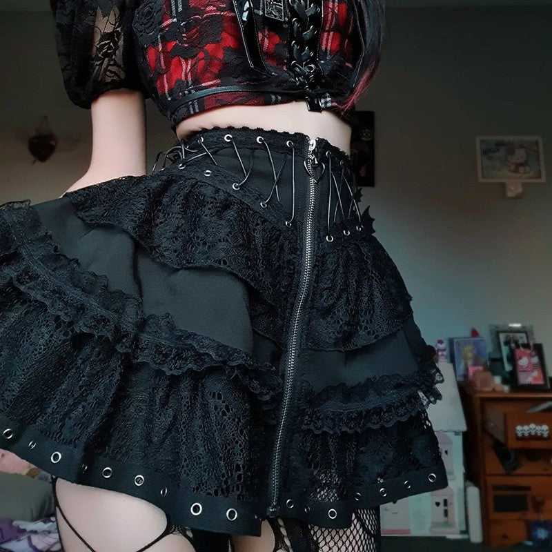 Zipper Front Women's Punk Vintage High Wasit Skirt Japanese Style Kawaii Black Harajuku Gothic Skater Cosplay Mini Skirts