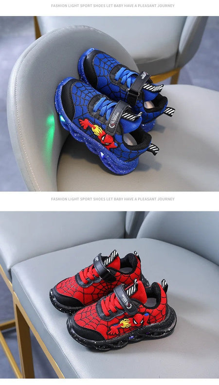 Disney LED Casual Sneakers Red Black For Spring Boys Spiderman Mesh Outdoor Shoes Children Lighted Non-slip Shoes Size 21-30