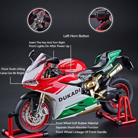 1:9 Scale 1299 V4S Miniature Motorbike Toy Models Alloy Diecast Sound Light Shock Absorption Ornament Motorcycles for Kids Gifts