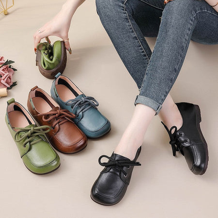 Vintage Plain Oxfords Shoes Women's Genuine Leather Flats Ladies Laced Up Moccasins Elderly Woman Square Toe Driving Loaferss