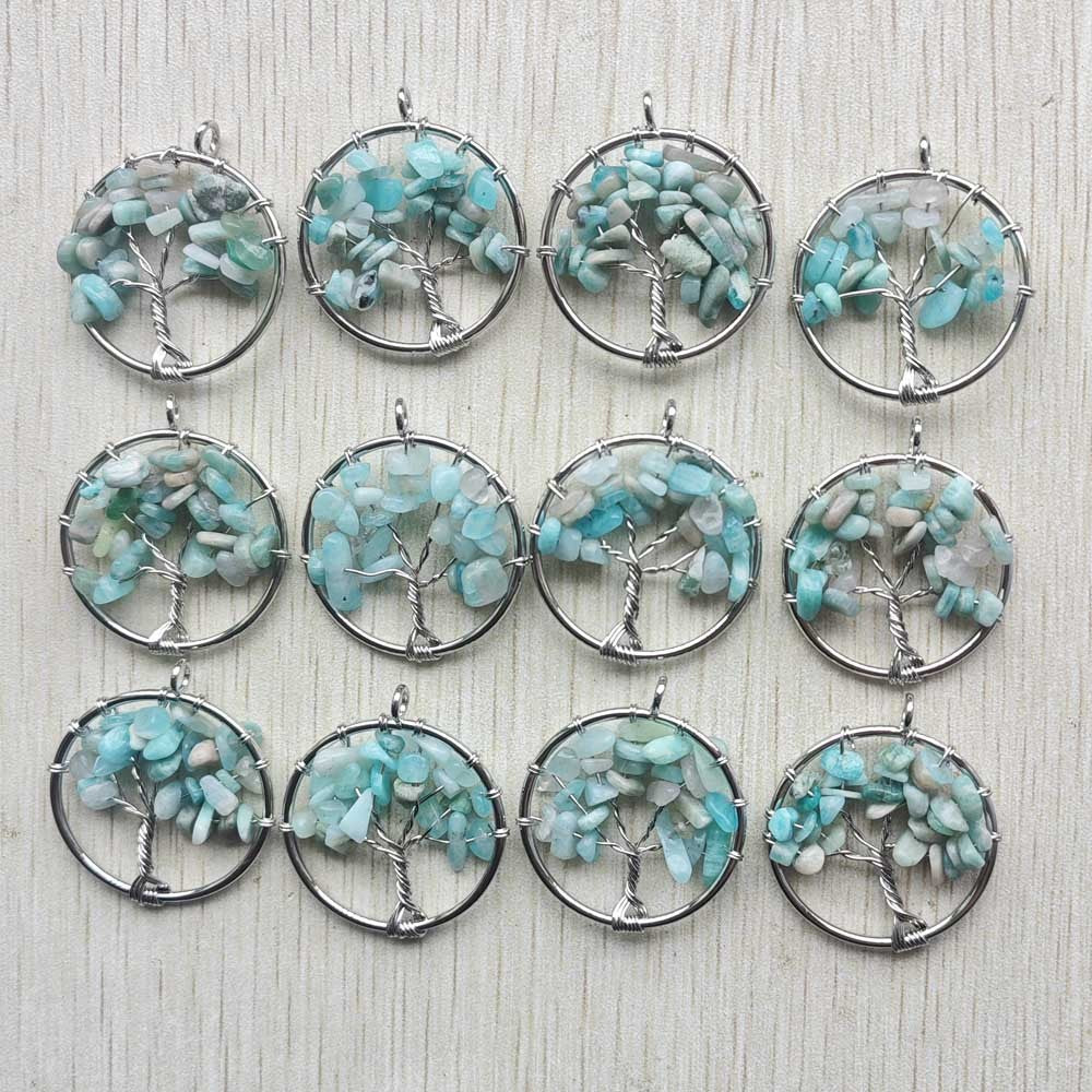 Natural Amethysts Roses Quartz Stone Handmade Wire Wrapped Tree of Life Pendants 30mm for Jewelry Marking Wholesale 12pcs/lot
