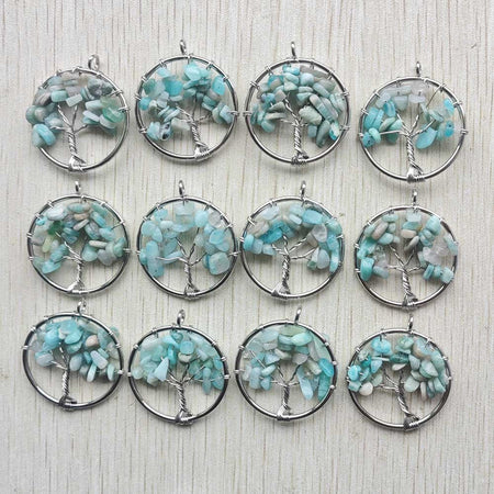 Natural Amethysts Roses Quartz Stone Handmade Wire Wrapped Tree of Life Pendants 30mm for Jewelry Marking Wholesale 12pcs/lot