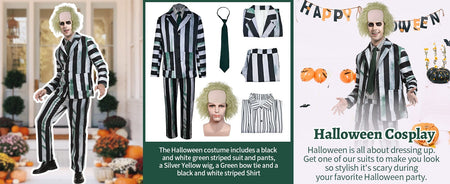 Adult Men Costume Black and White Striped Suit with Wig for Halloween Cosplay Party Outfit Horror Movie Character
