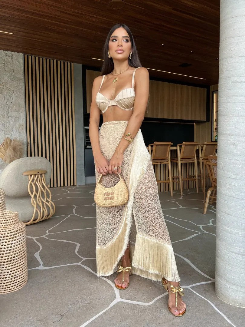 Swimsuit 3 Pcs Set with Tassel Skirt Bikini Women Swimsuit Button High Waist Swimwear Bathing Suit Beachwear Biquini
