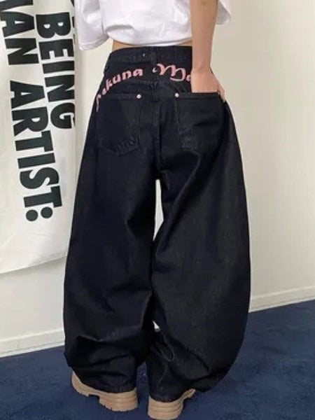 Ba Embroidered Letter Print Jeans Women's Spring New Sweet Cool Spicy Girl High Waist Slimming Long Pants Faionable Commute