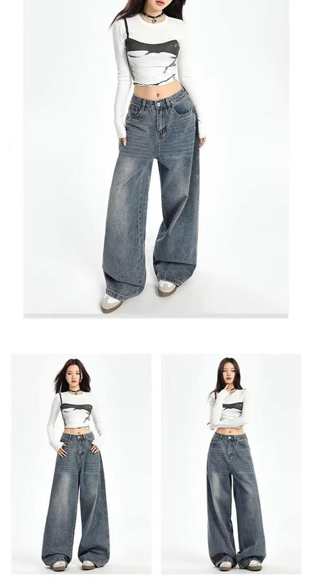 Retro High Waist Wide Leg Jeans Women Summer New plus Size Loose Slimming Pear ape Straight Leg Pants Casual Waed Blue