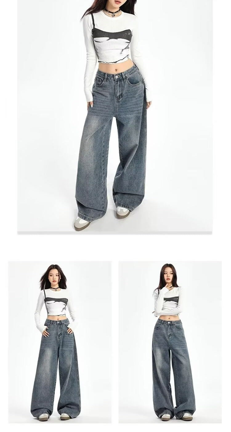 Retro High Waist Wide Leg Jeans Women Summer New plus Size Loose Slimming Pear ape Straight Leg Pants Casual Waed Blue