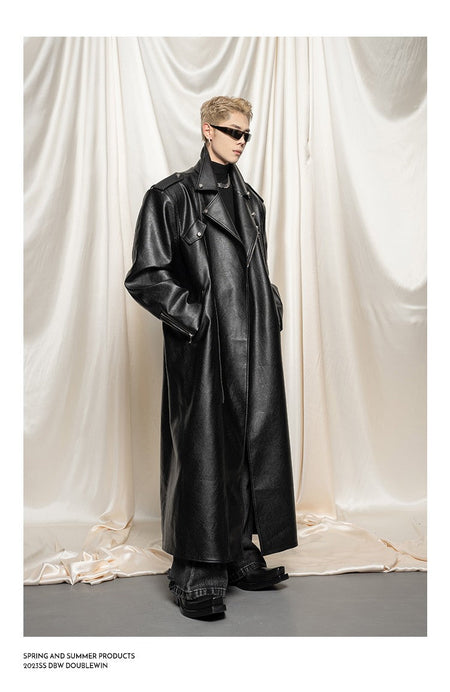 Mauroicardi Spring Autumn Oversized Cool Extra Long Black Pu Leather Trench Coat Men Zipper Loose Luxury European Fashion 2023