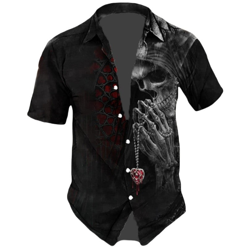 3d Skull Icon Print Hawaiian Short Sleeve Shirt For Men Skull Shirts Retro Casual Black Man Shirts Loose Oversized T-Shirt 2024