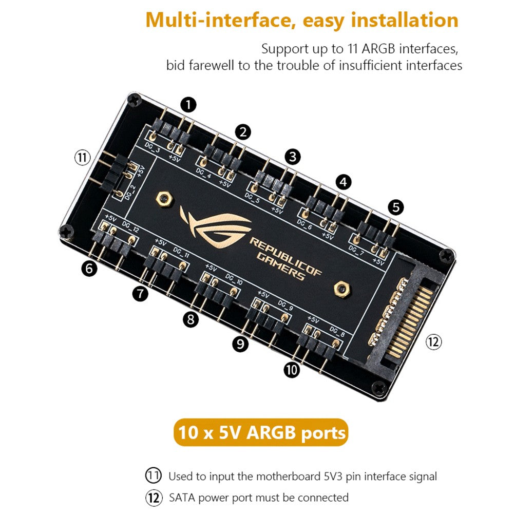 5V/3PIN ARGB Cable Splitter Hub ASUS AURA SYNC RGB Fan Hub Adapter SATA Power Extension Cable Adapter for Computer PC Cooler