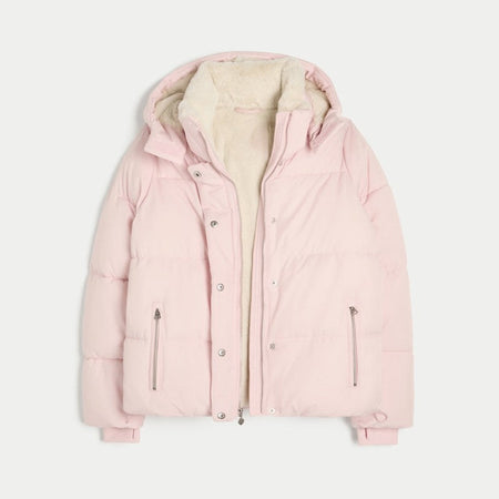 Pink Women's Jacket With Hat Zipper Pockets Inner Faux Fur Solid Female Jackets 2025 Autumn Winter Fashion Chic Lady Outwears