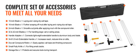 SucceBuy Drywall Skimming Blade Set 10/16/24/32/40 inch Skimming Blades + 34-81.6 in Extension Handle Pole Stainless Steel Knife